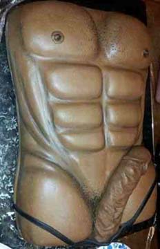 A cake designed to look like a male torso with defined abs and a thong, featuring realistic detailing of the chest and groin area.